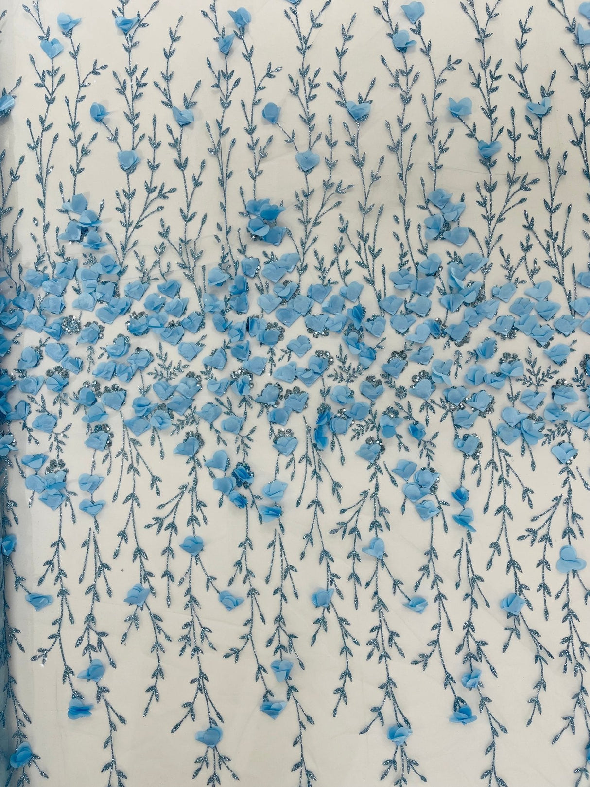 Satin 3D Floral Glitter Lace Fabric - 3D Satin Floral Embroidery With Glitter/Sequin, 54" Width (1 Yard)