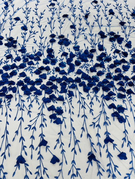 Satin 3D Floral Glitter Lace Fabric - 3D Satin Floral Embroidery With Glitter/Sequin, 54" Width (1 Yard)