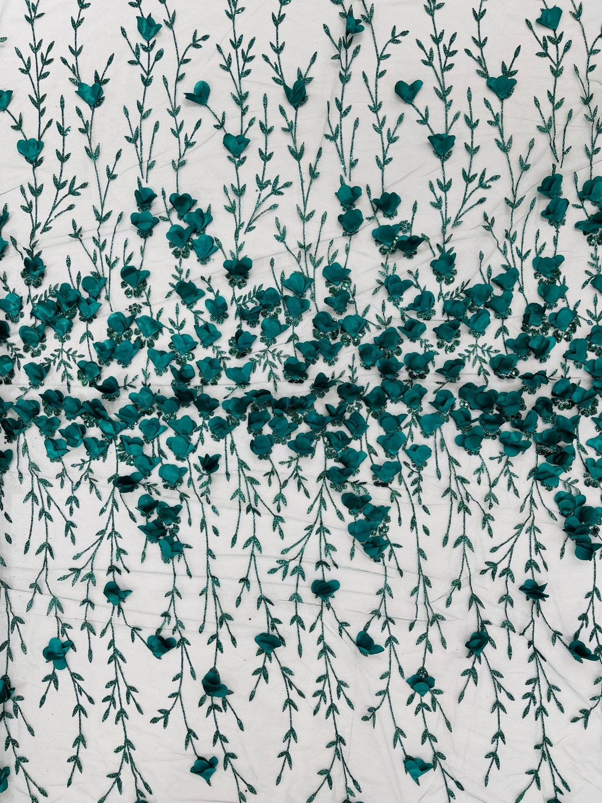 Satin 3D Floral Glitter Lace Fabric - 3D Satin Floral Embroidery With Glitter/Sequin, 54" Width (1 Yard)