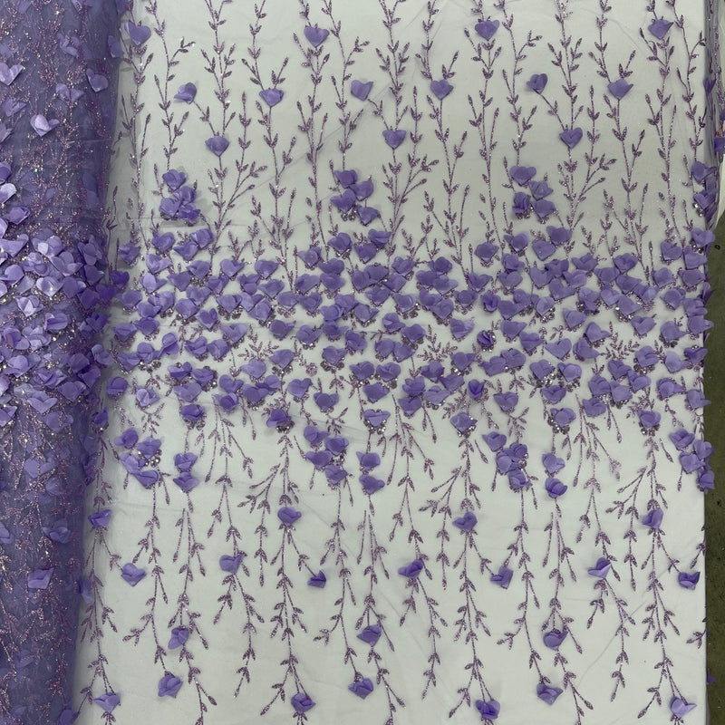 Satin 3D Floral Glitter Lace Fabric - 3D Satin Floral Embroidery With Glitter/Sequin, 54" Width (1 Yard)