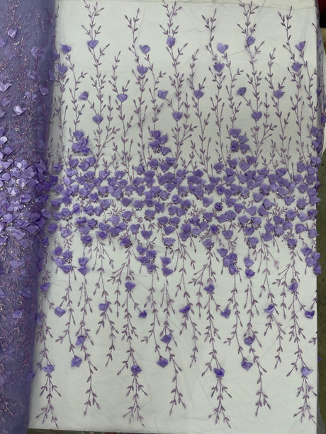 Satin 3D Floral Glitter Lace Fabric - 3D Satin Floral Embroidery With Glitter/Sequin, 54" Width (1 Yard)
