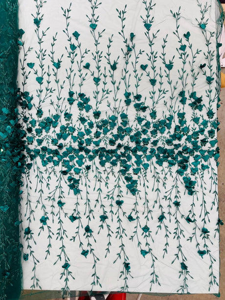 Satin 3D Floral Glitter Lace Fabric - 3D Satin Floral Embroidery With Glitter/Sequin, 54" Width (1 Yard)