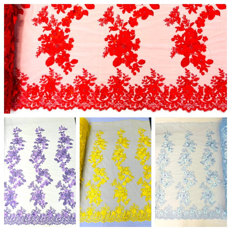 Scarlet 3D Floral Design Lace Fabric - Embroidered Beaded Mesh Lace, Double Scallop, 54" Width (1 Yard)