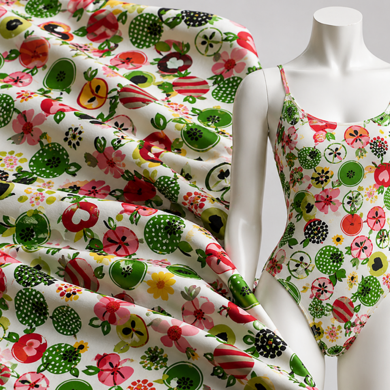 Printed Spandex Fabric Multi Floral on White