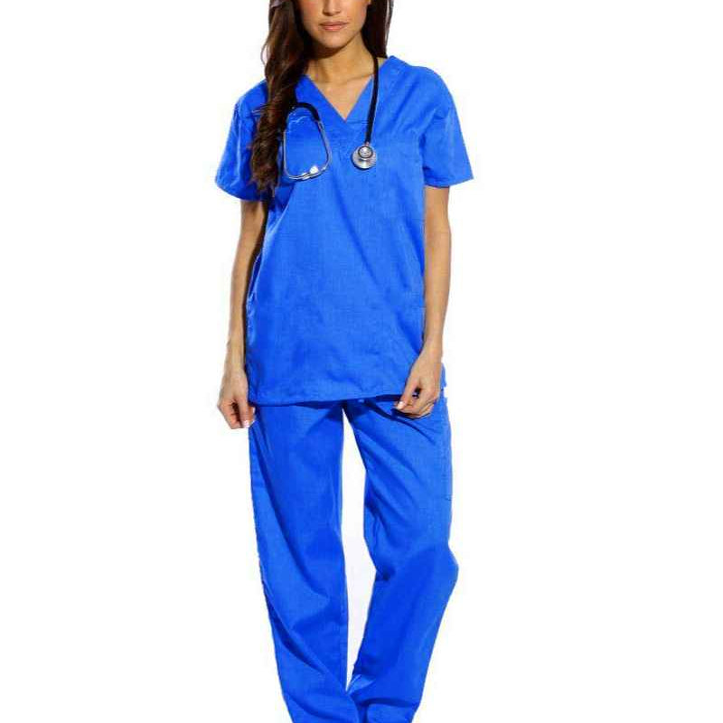 Scrubs Cotton Blend Fabric - Royal Blue, V-Neck, Top And Bottom Set, 3 Pockets Top, 2 Pockets Bottom, All Sizes (1 Set)