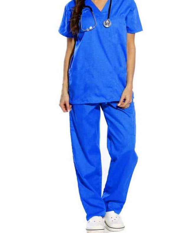 Royal Blue Scrubs Set - V-Neck Top, 3 Pockets, Bottom 2 Pockets, All Sizes (1 Set)