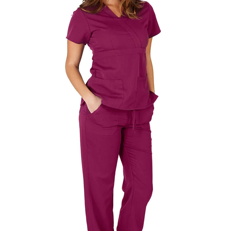 Scrubs Cotton Fabric - Maroon, V-Neck Top With 3 Pockets, Bottom With 2 Pockets (1 Set)