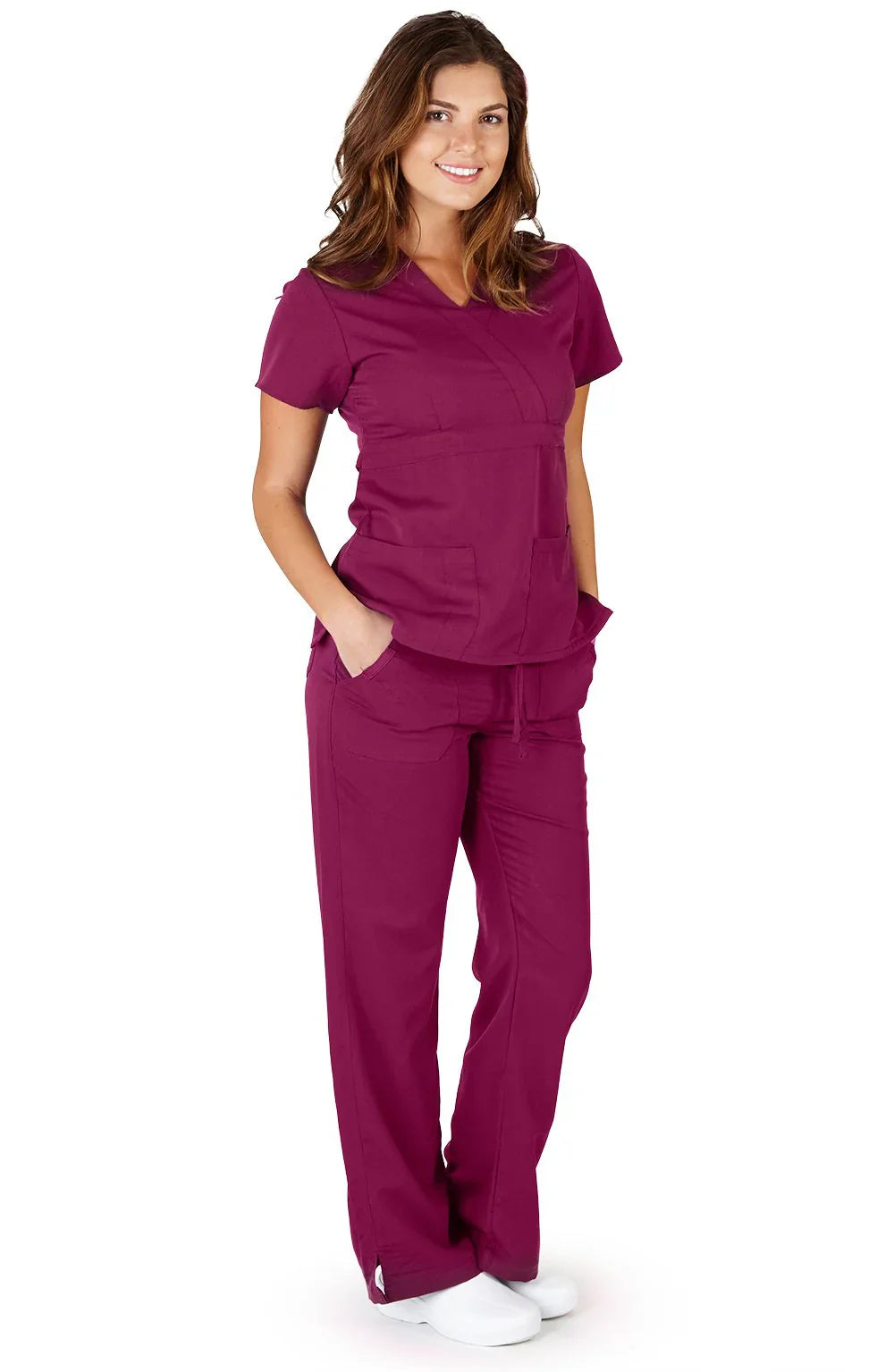Scrubs Cotton Fabric - Maroon, V-Neck Top With 3 Pockets, Bottom With 2 Pockets (1 Set)