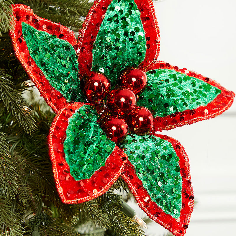 22" Red Green Sequin Poinsettia Stem