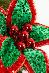 22 Inch Red Green Sequin Poinsettia Stem Christmas Tree Decor