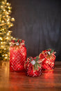 Lighted Holiday Glass Luminary w/ Floral Accent and Timer (battery operated) - Set of 3