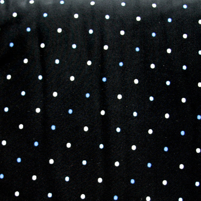 Nylon Lycra Swim Knit Blue and White Pin Dots on Black