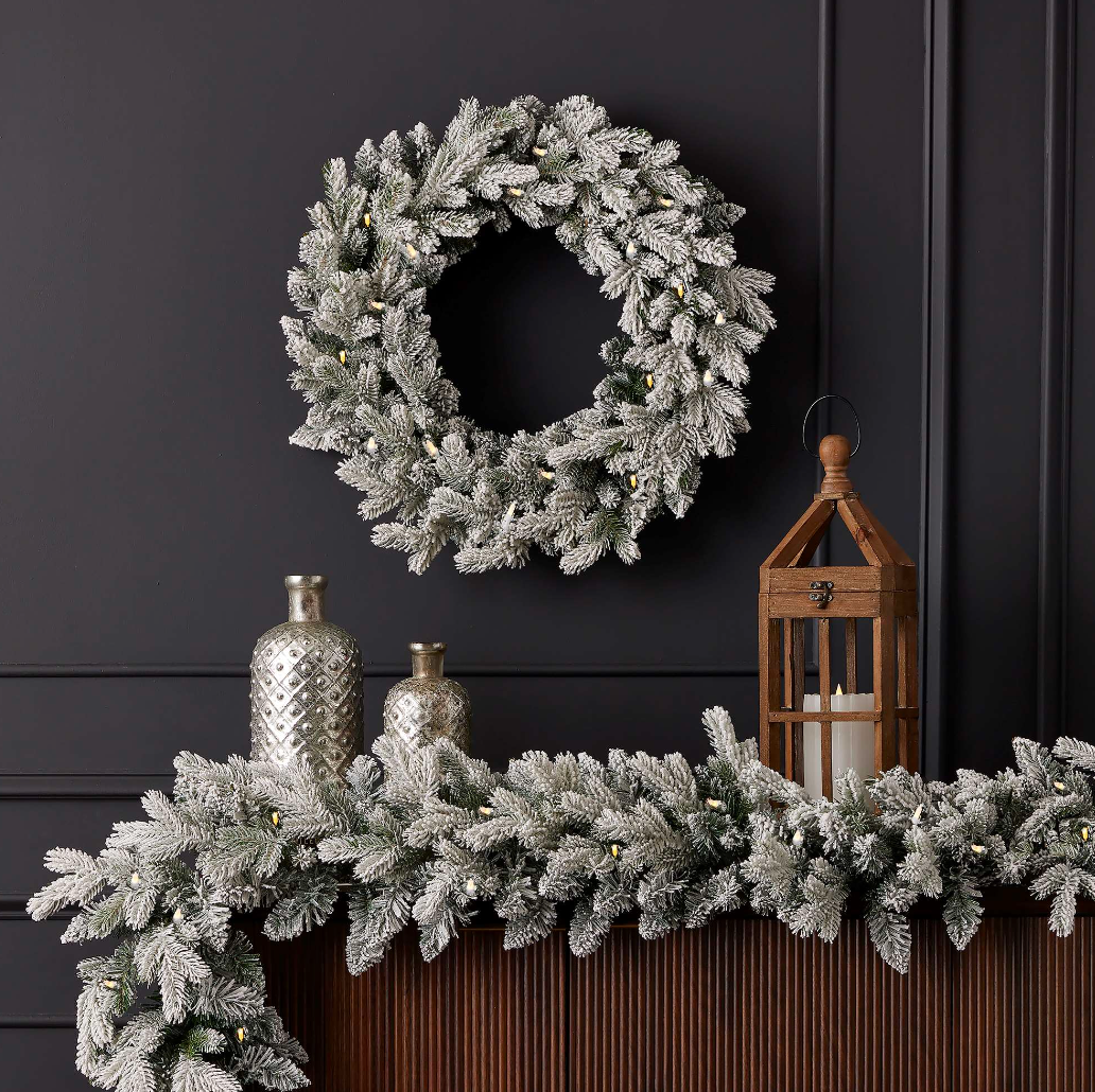 Shadow Woods Flocked Spruce Wreath 24 Inch LED Christmas Holiday Door Decor