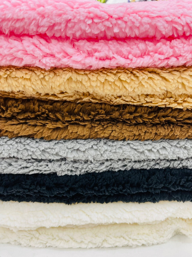 Sherpa Faux Fur Fleece Polyester Fabric - 58" Width, 15% Vertical Stretch, 280 GSM, Abrasion Resistant (1 Yard)