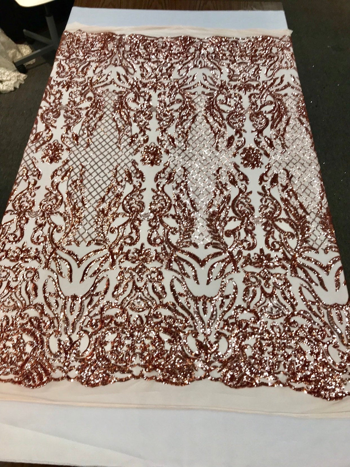 Shiny Sequin Damask Design Polyester Fabric - Silver Sequin Damask, 54" Width (1 Yard)