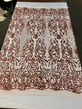 Shiny Sequin Damask Design Polyester Fabric - Silver Sequin Damask, 54" Width (1 Yard)