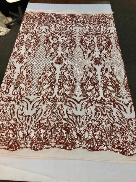 Shiny Sequin Damask Design Polyester Fabric - Silver Sequin Damask, 54" Width (1 Yard)