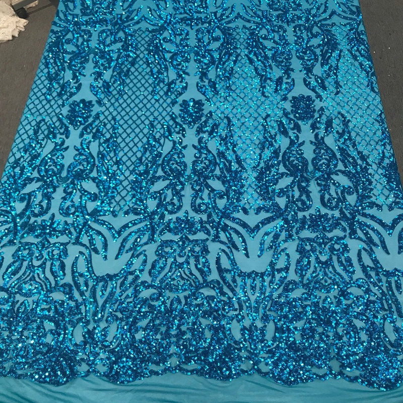 Shiny Sequin Damask Design Polyester Fabric - Silver Sequin Damask, 54" Width (1 Yard)