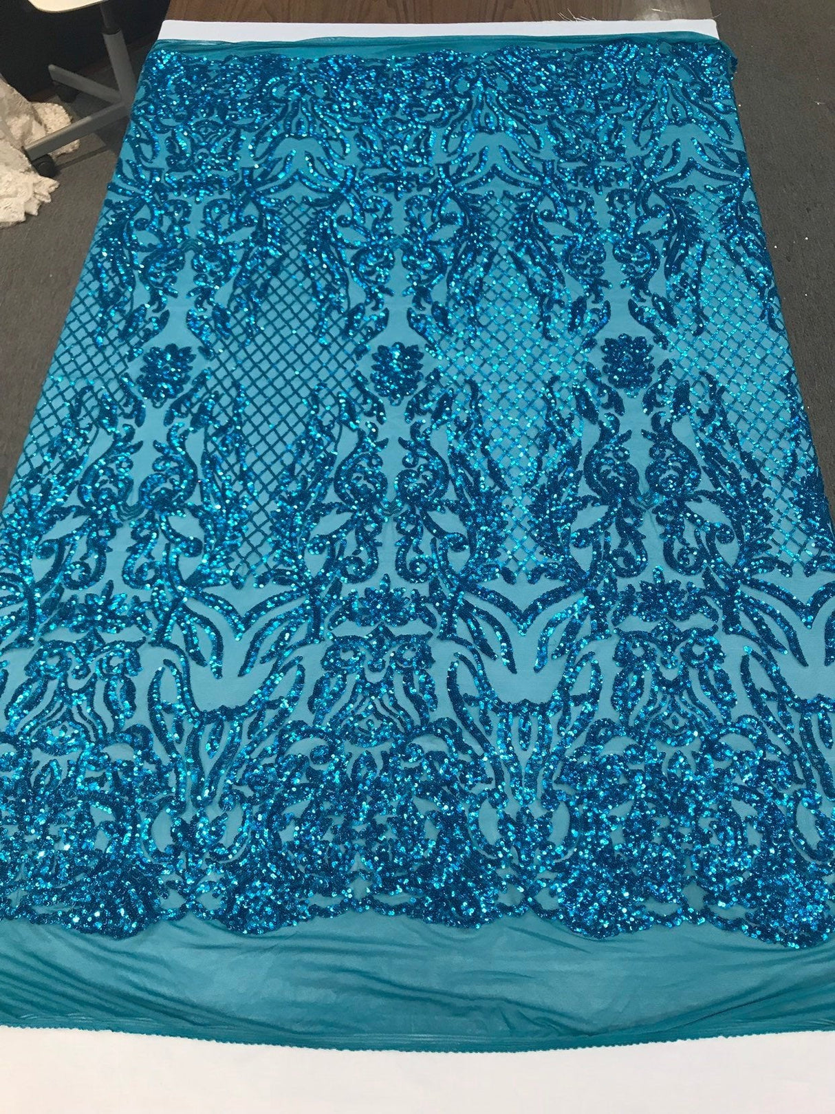 Shiny Sequin Damask Design Polyester Fabric - Silver Sequin Damask, 54" Width (1 Yard)