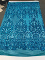 Shiny Sequin Damask Design Polyester Fabric - Silver Sequin Damask, 54" Width (1 Yard)