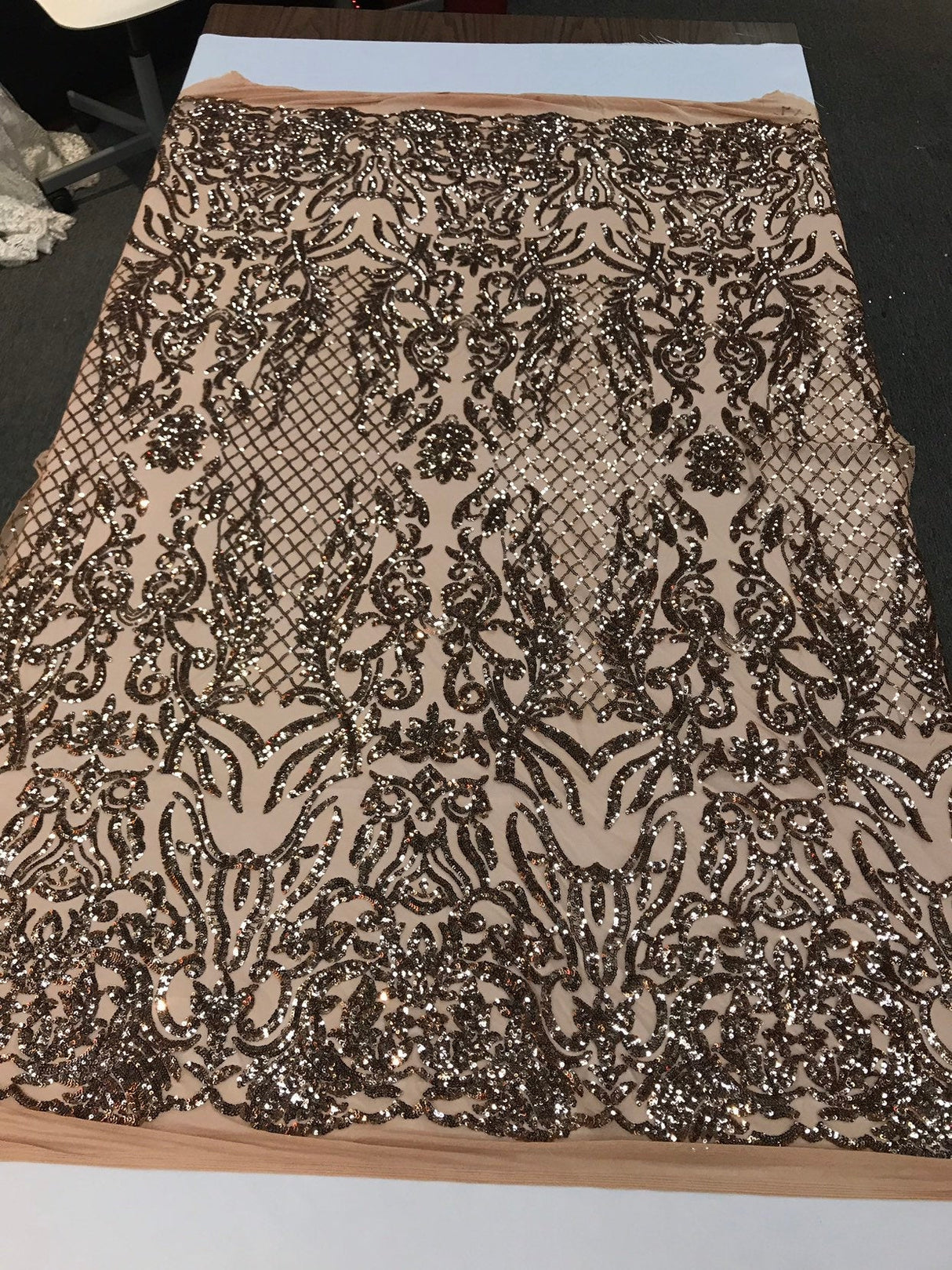 Shiny Sequin Damask Design Polyester Fabric - Silver Sequin Damask, 54" Width (1 Yard)