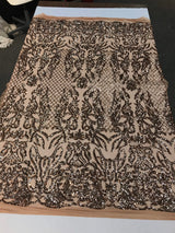 Shiny Sequin Damask Design Polyester Fabric - Silver Sequin Damask, 54" Width (1 Yard)