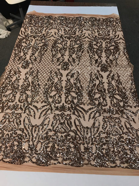 Shiny Sequin Damask Design Polyester Fabric - Silver Sequin Damask, 54" Width (1 Yard)