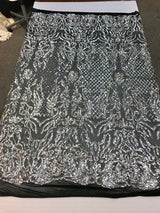 Shiny Sequin Damask Design Polyester Fabric - Silver Sequin Damask, 54" Width (1 Yard)