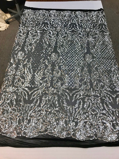 Shiny Sequin Damask Design Polyester Fabric - Silver Sequin Damask, 54" Width (1 Yard)