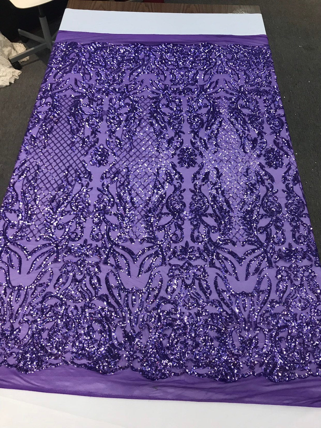 Shiny Sequin Damask Design Polyester Fabric - Silver Sequin Damask, 54" Width (1 Yard)