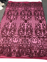Shiny Sequin Damask Design Polyester Fabric - Silver Sequin Damask, 54" Width (1 Yard)