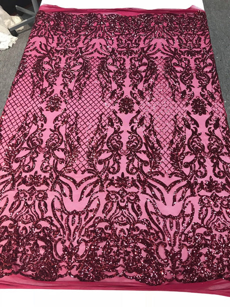 Shiny Sequin Damask Design Polyester Fabric - Silver Sequin Damask, 54" Width (1 Yard)