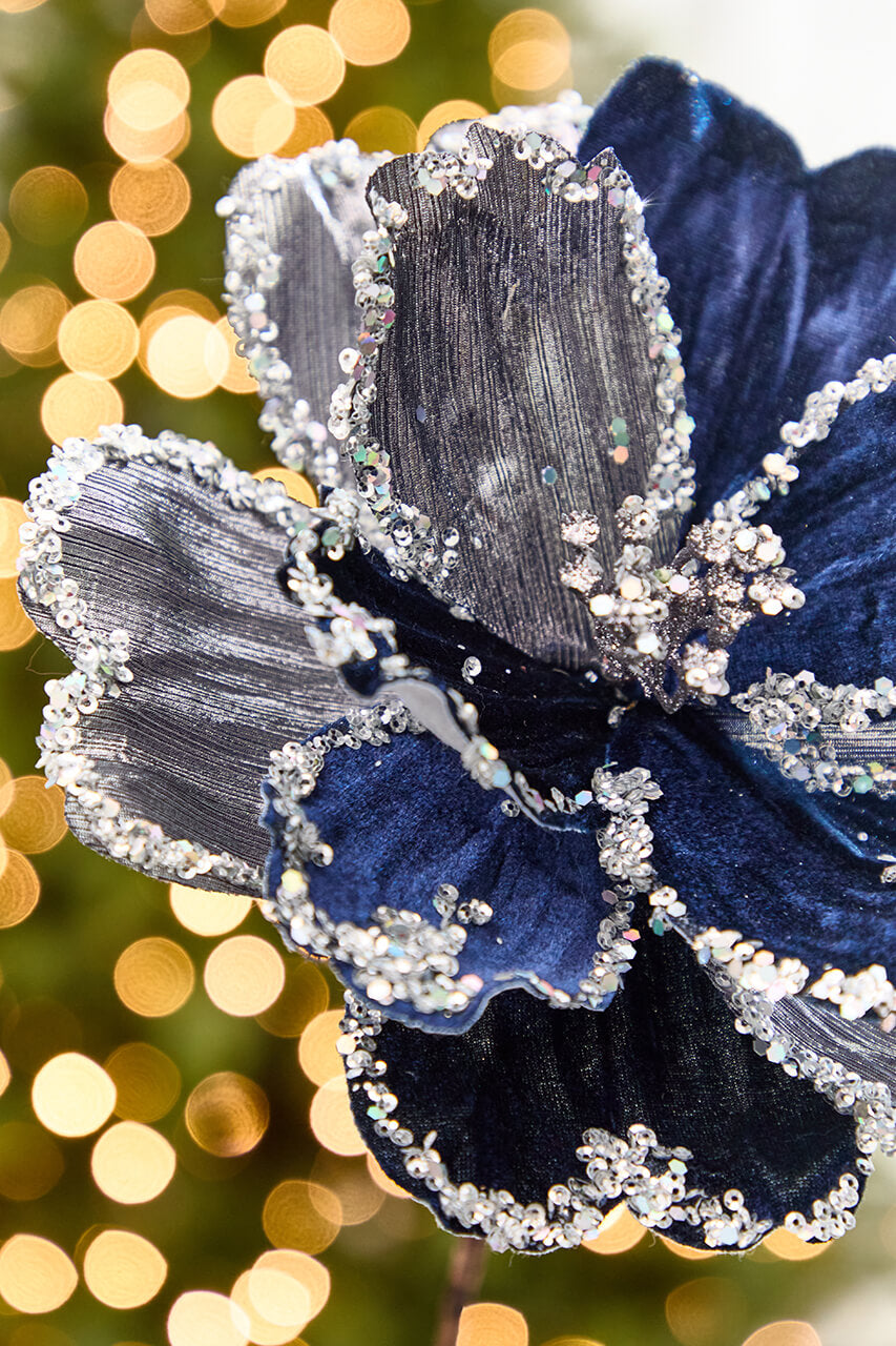 19" x 9" Silver & Dark Blue Magnolia Stem