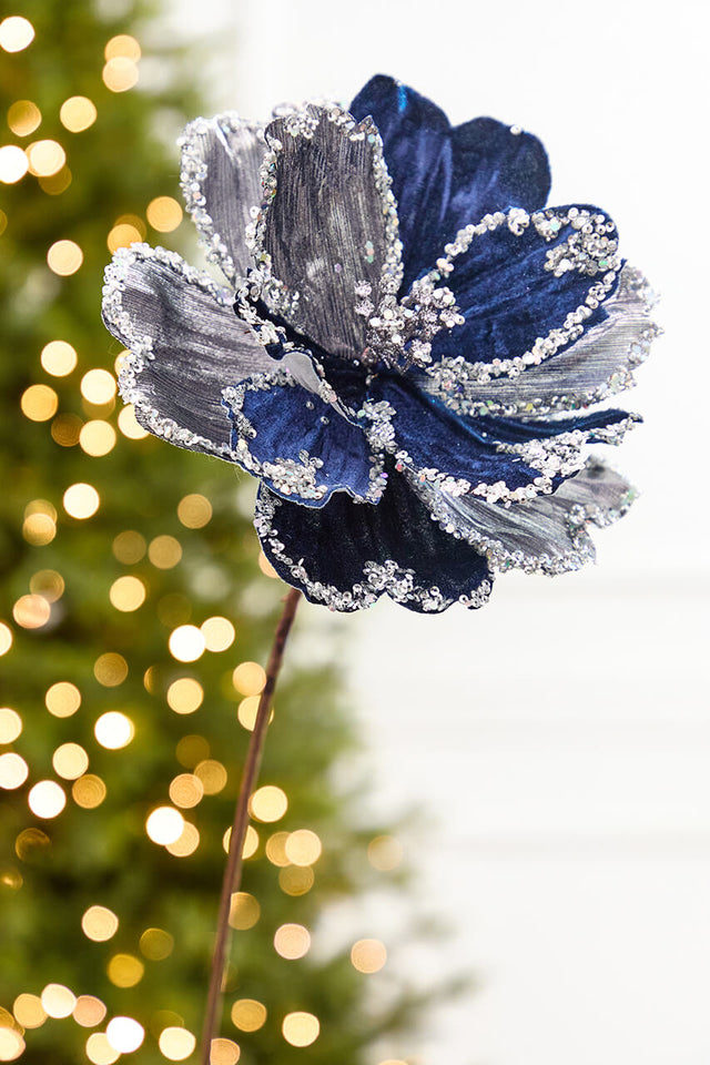 19" x 9" Silver & Dark Blue Magnolia Stem
