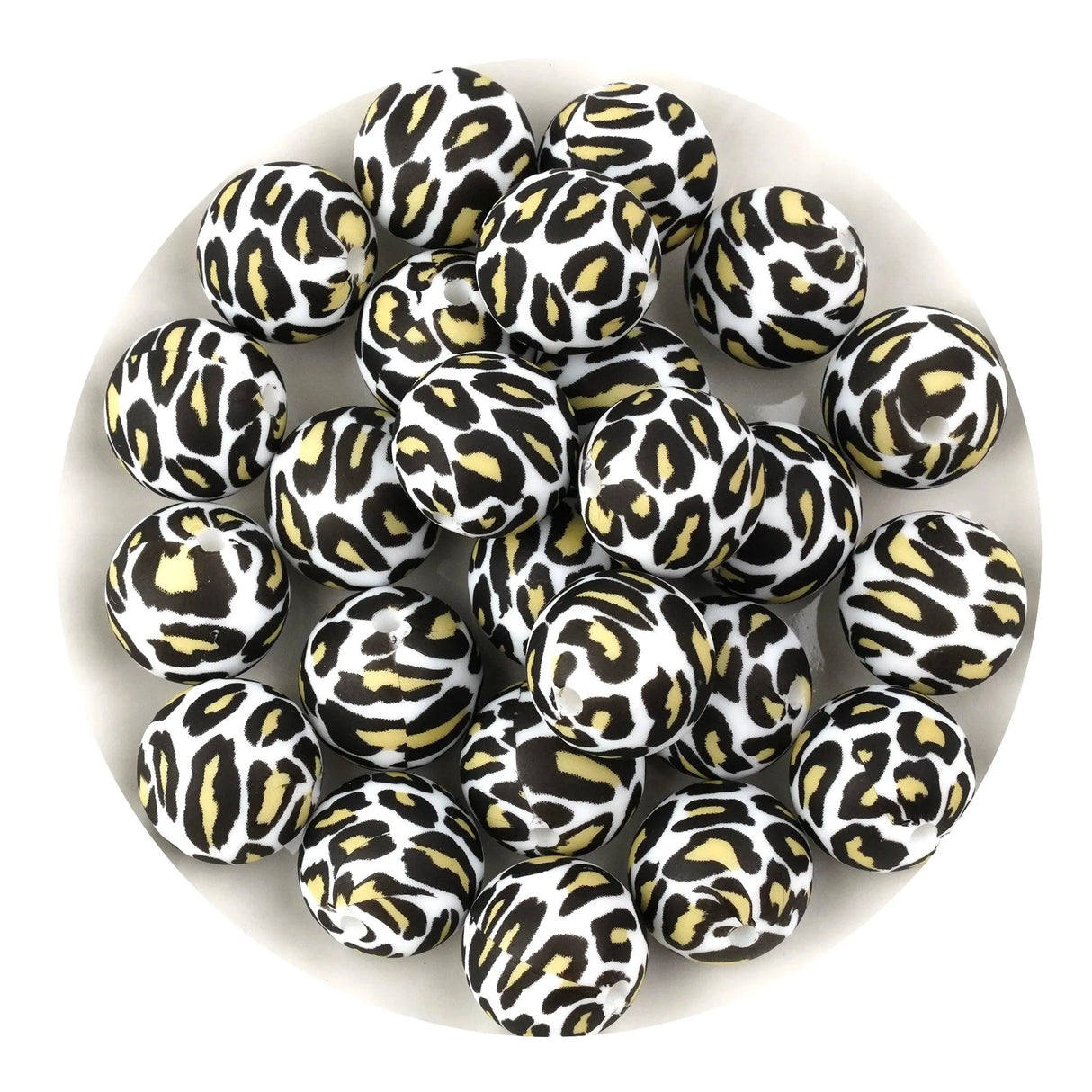 Silicone Bead Round - White Leopard (5 Beads - 15mm)