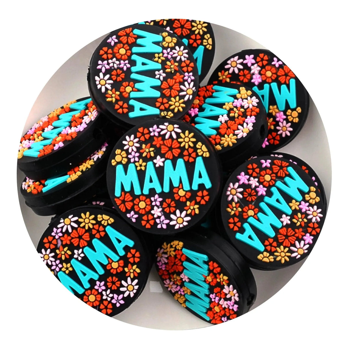 Silicone Focal Bead Mama Flowers Round - Blue (5 Beads)