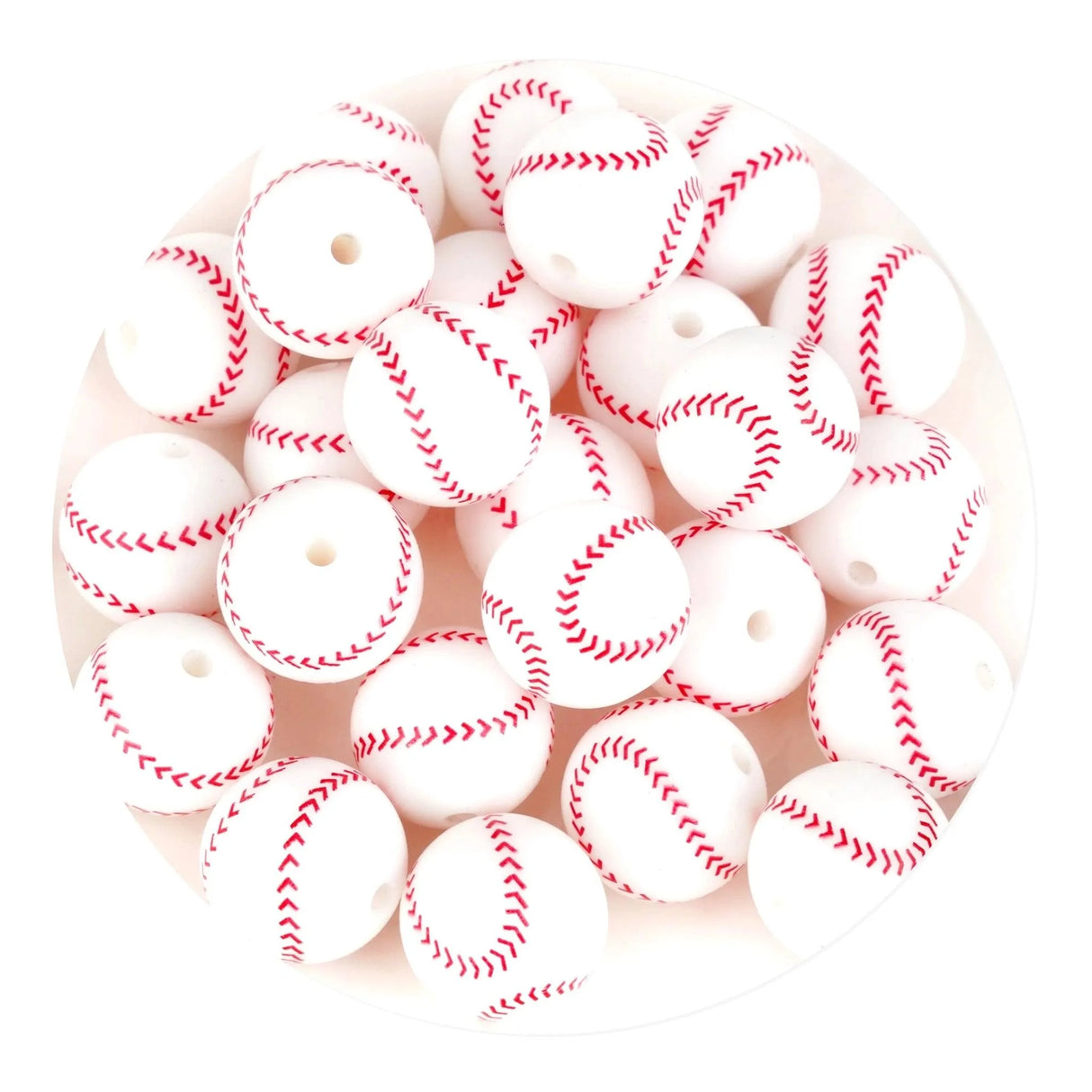 Silicone Focal Bead Round Baseball - White (5 Beads - 12mm)