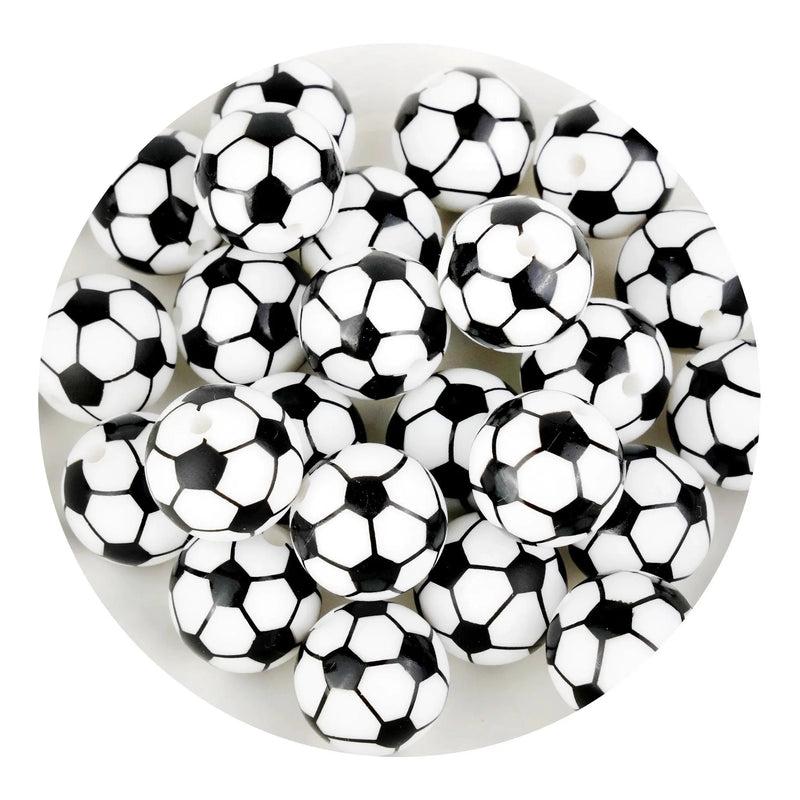 Silicone Focal Bead Round Soccer - White  (5 Beads - 12mm)