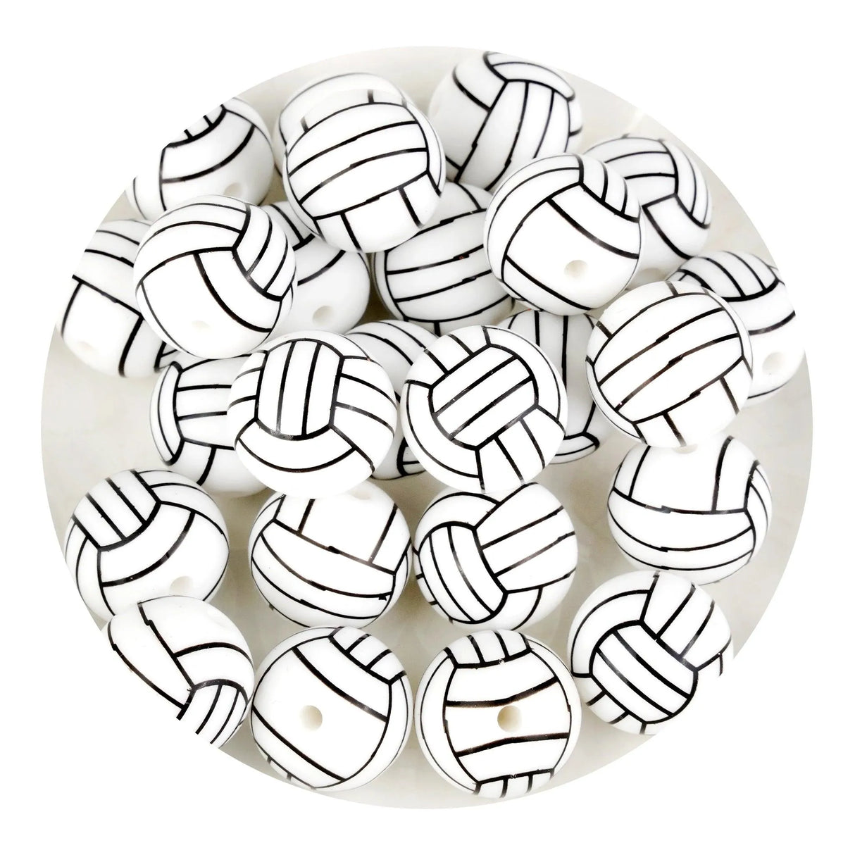 Silicone Focal Bead Round Volleyball - White (5 Beads - 12mm)