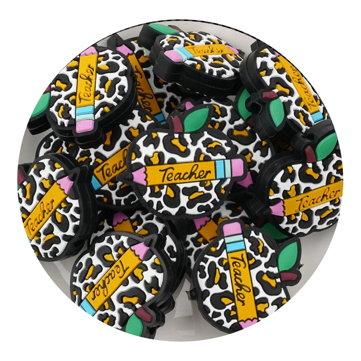 Silicone Focal Bead - Teacher Apple Pencil Black & White (5 Beads)