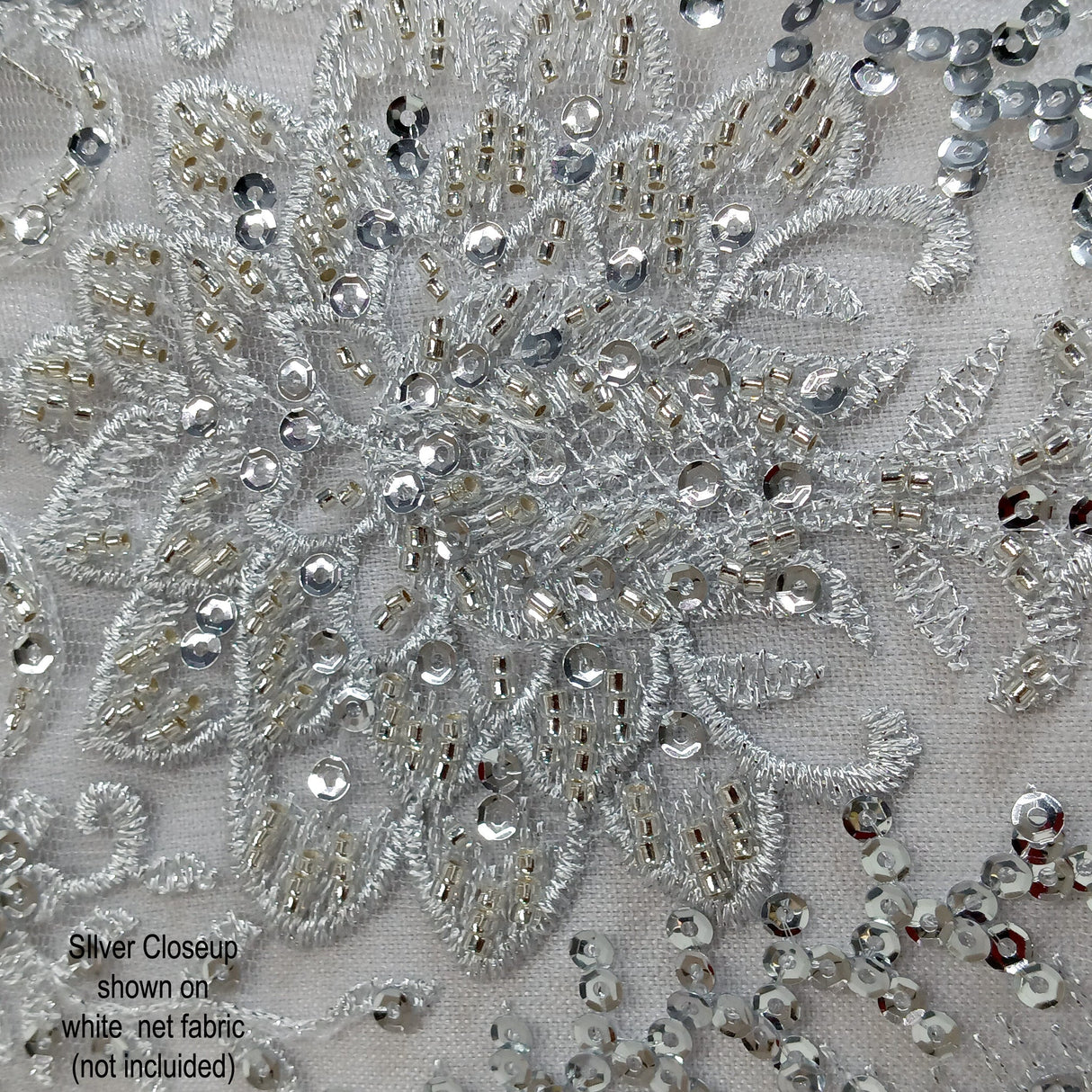 Beaded Sequined Lace Fabric - Embroidered 100 Percent Polyester Net Mesh, Gold, Ivory, Silver, White, 52" Width (1 Yard)