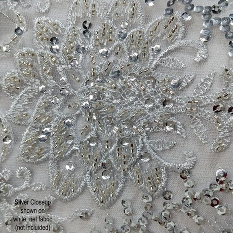 Beaded Sequined Lace Fabric - Embroidered 100 Percent Polyester Net Mesh, Gold, Ivory, Silver, White, 52" Width (1 Yard)