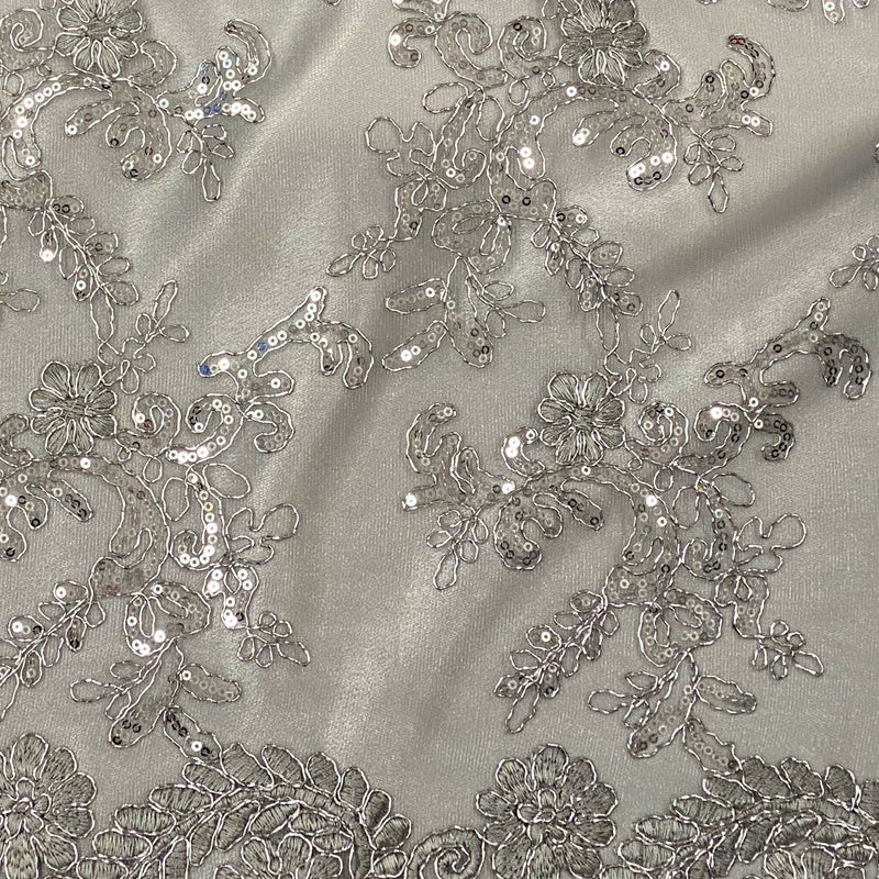 Elena's Lace Polyester Fabric - Gray Silver Corded Mesh Embroidered With Sequins, Double Scalloped Edge, 54" Width (1 Yard)