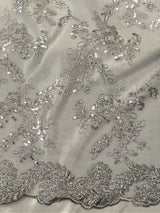 Elena's Lace Polyester Fabric - Gray Silver Corded Mesh Embroidered With Sequins, Double Scalloped Edge, 54" Width (1 Yard)