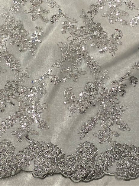 Elena's Lace Polyester Fabric - Gray Silver Corded Mesh Embroidered With Sequins, Double Scalloped Edge, 54" Width (1 Yard)