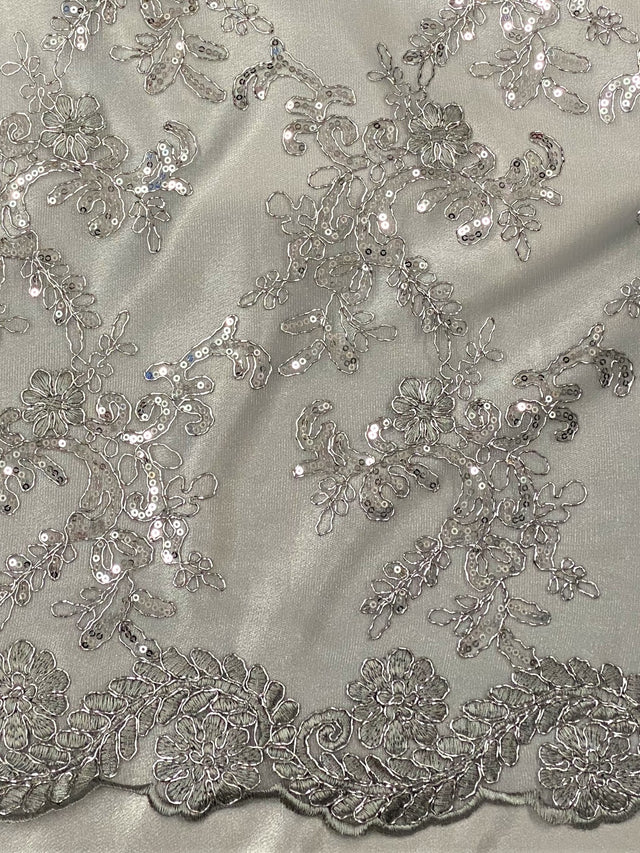 Elena's Lace Polyester Fabric - Gray Silver Corded Mesh Embroidered With Sequins, Double Scalloped Edge, 54" Width (1 Yard)