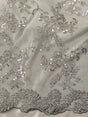Elena's Lace Polyester Fabric - Gray Silver Corded Mesh Embroidered With Sequins, Double Scalloped Edge, 54" Width (1 Yard)