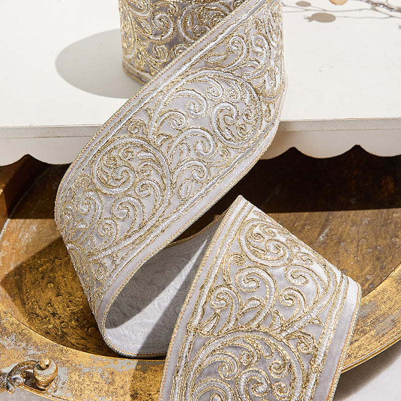 4" x 5 Yard Gold Embroidered Silver Velvet Ribbon