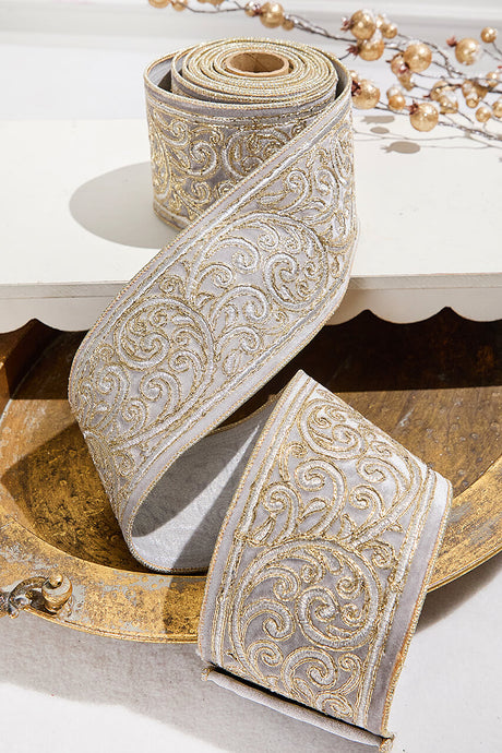 4" x 5 Yard Gold Embroidered Silver Velvet Ribbon
