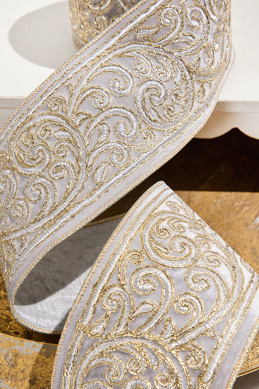4" x 5 Yard Gold Embroidered Silver Velvet Ribbon